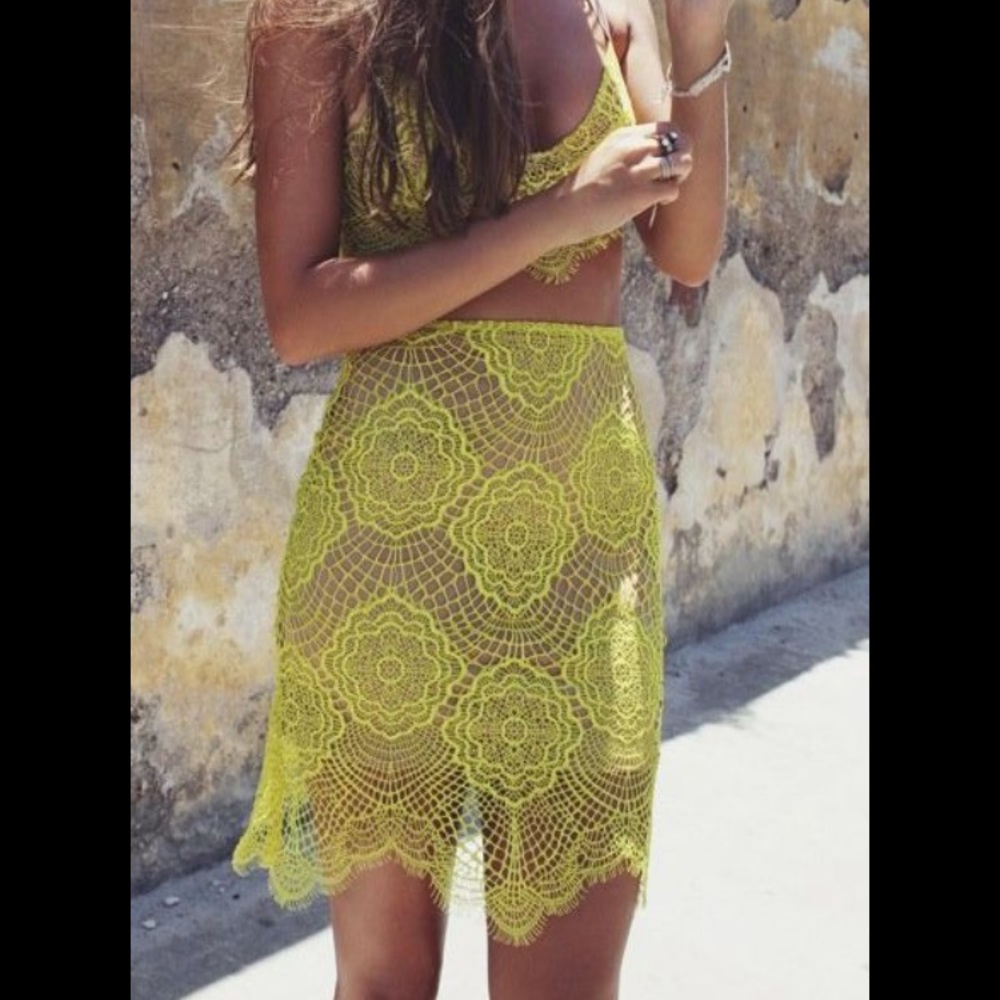NEW For Love and Lemons Yellow lace crochet skirt